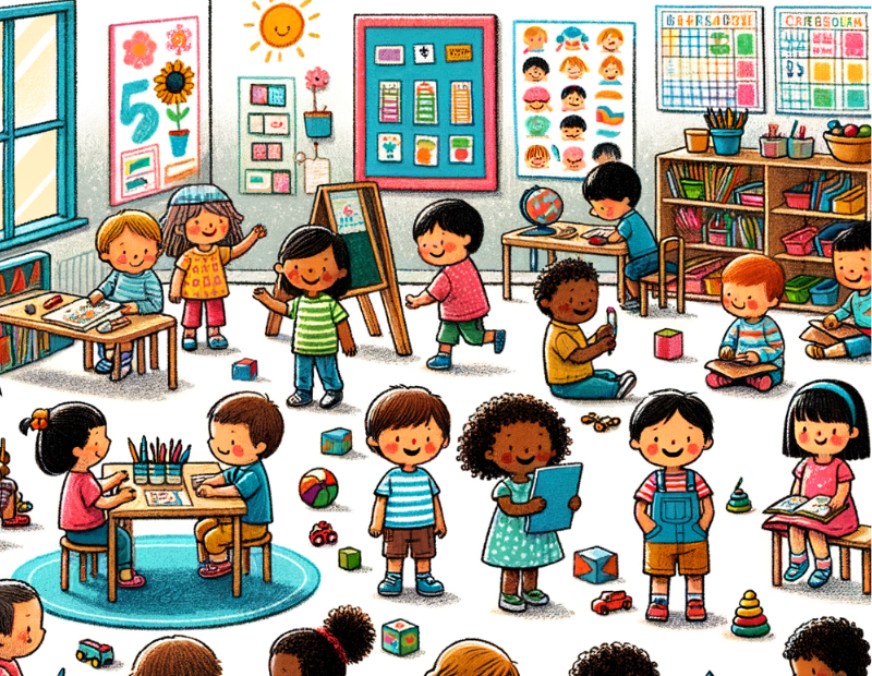 Stelleausschreibung Bild: Comic von vielen kindern in einem Klassenraum
