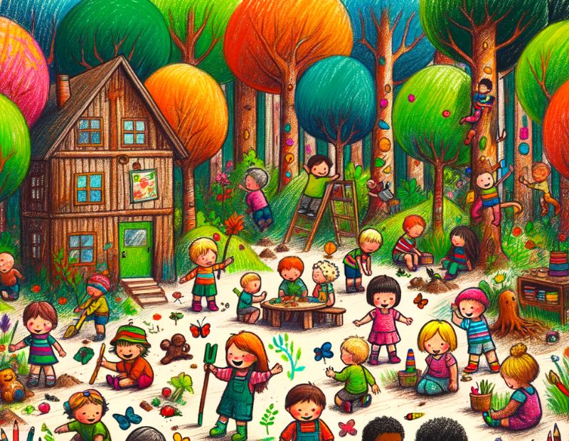 Stelleausschreibung Bild: Comic von vielen kindern auf einer Lichtung im Wald vor einem Holzhaus
