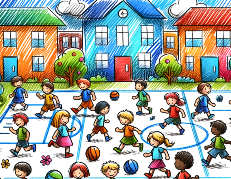 Stelleausschreibung Bild: Comic von vielen kindern auf einem Schulhof